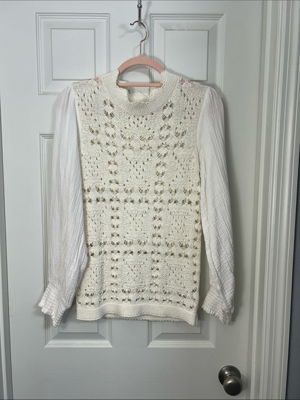 Greylin Cream Crochet Knit Blouse with Woven Sleeves